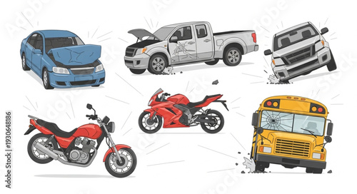 Damaged Vehicles and Motorcycles Illustration.
