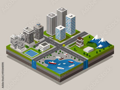Isometric cityscape featuring modern buildings water features and mountainous backdrop