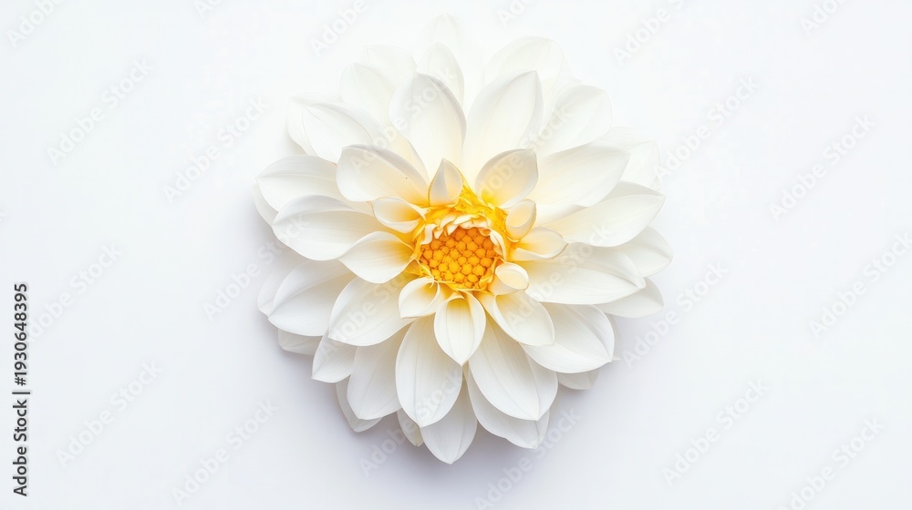 Obraz premium Radiant Dahlia: A pristine white dahlia, its petals meticulously arranged around a vibrant golden center, exudes a sense of purity and natural elegance.
