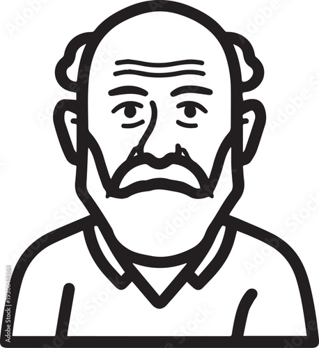 Hand Drawn Old Man Black and White Avatar Illustration in Minimal Line Art Style Design