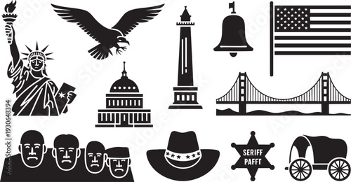 Collection of black silhouette icons representing various American and Canadian national symbols and landmarks on a white background.