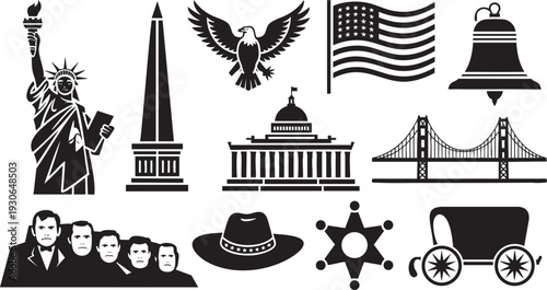 Collection of black silhouette icons representing various American and Canadian national symbols and landmarks on a white background.