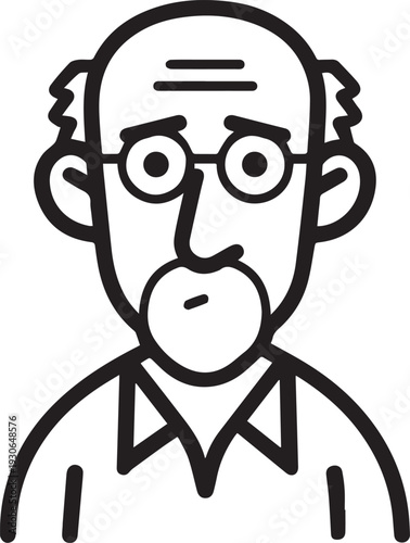 Hand Drawn Old Man Black and White Avatar Illustration in Minimal Line Art Style Design