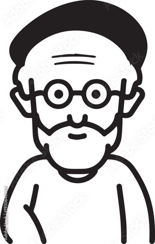Hand Drawn Old Man Black and White Avatar Illustration in Minimal Line Art Style Design