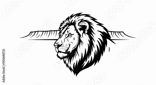 A striking black and white illustration of a majestic lion's head profile