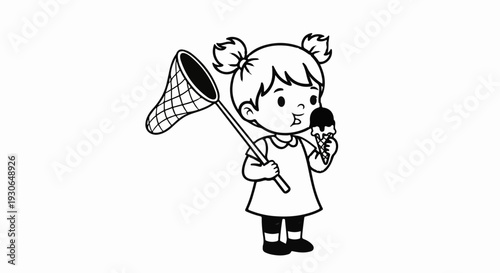 A young child with pigtails holds a butterfly net and eats an ice cream cone