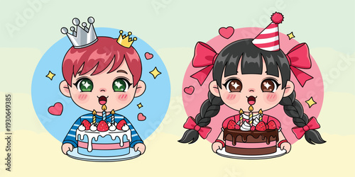 Cute Birthday Kids Cartoon Characters with Cake Candles Party Hats and Sweet Dessert for Celebration Greeting Cards Stickers and Party Designs