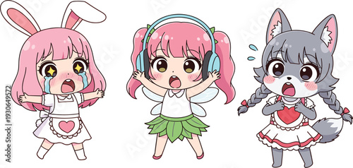 Cute Chibi Anime Girl Character Set with Bunny Fairy and Wolf Costumes Kawaii Cartoon Kids Mascots for Stickers Animation and Design