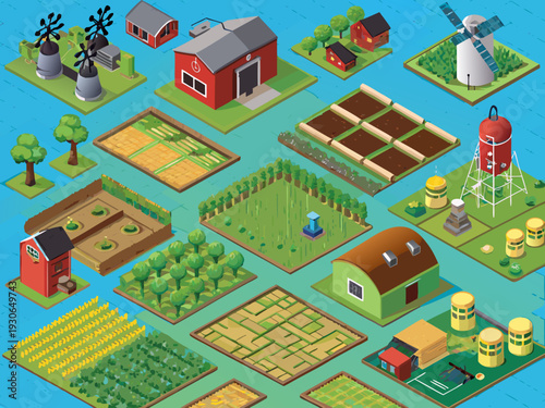 Isometric farm illustration with buildings fields and various agricultural elements
