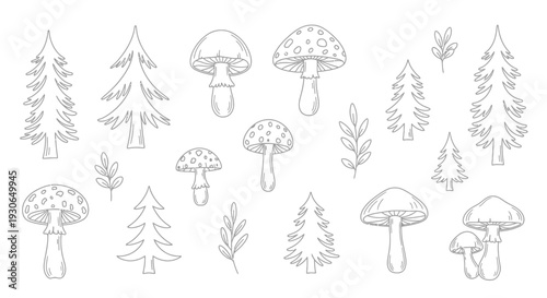 Mushroom Forest Pine Trees Illustration