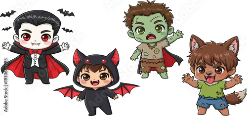 Cute Halloween Monster Kids Characters Set with Vampire, Zombie, Devil and Werewolf Costumes for Party Designs, Stickers, Invitations and Cartoon Illustrations