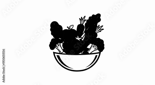 A stylized black and white illustration of a bowl filled with fresh produce