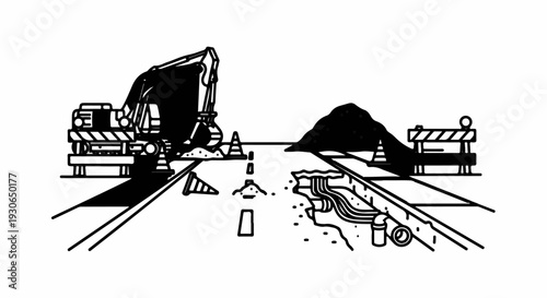 Excavator, cones, and barriers indicate road construction and underground pipe work in progress