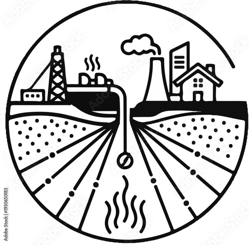 Industrial energy extraction and residential infrastructure depicted