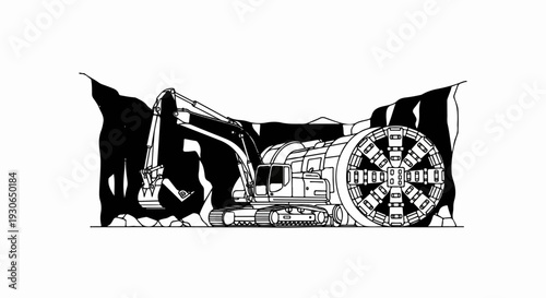 Excavator and tunnel boring machine in rock formation