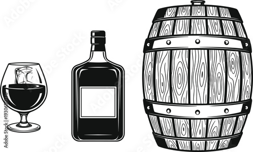 Whiskey bottle glass and wooden barrel vector illustration, vintage alcohol drink set isolated on white background design