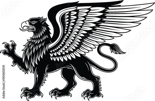 Mythical griffin silhouette vector illustration, winged lion creature isolated on white background heraldic fantasy tattoo design artwork