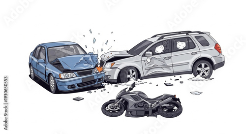 Damaged Cars and Motorcycle Accident Scene.