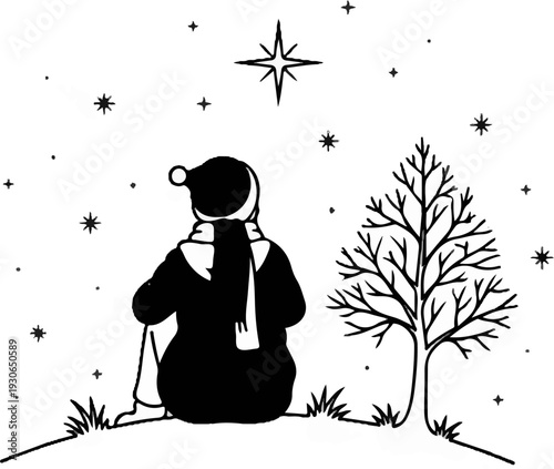Figure sits under a star, observing snow falling next to a bare tree