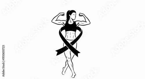 Muscular woman flexing arms with a black ribbon wrapped around her