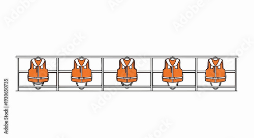 Five bright orange safety vests hang on a rail