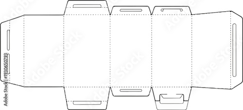 Flat, unfolded cardboard box template with handle cutouts and fold lines