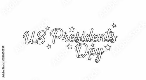 A black and white graphic with stylized text "U.S Presidents Day" surrounded by stars
