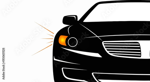 Front view of a sleek black car with its turn signal illuminated