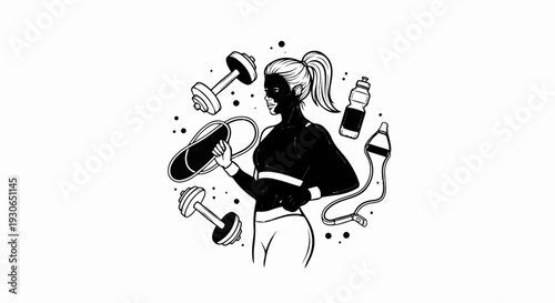 Muscular woman with dumbbells, jump rope, and water bottle in a fitness setting