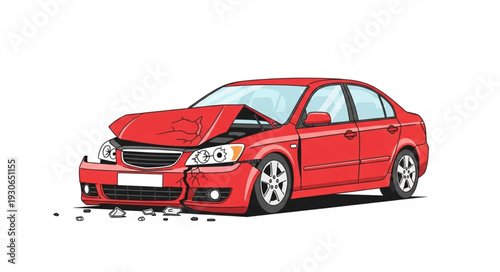 Damaged Red Car After Collision.