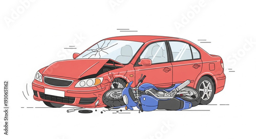 Damaged Red Car After Collision Accident.