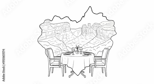 A scenic table for two set with wine glasses and plates overlooks a rugged canyon