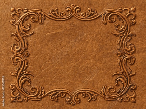 Elegant brown leather background features an ornate embossed floral frame. Textured vintage surface provides a sophisticated template for classical design.