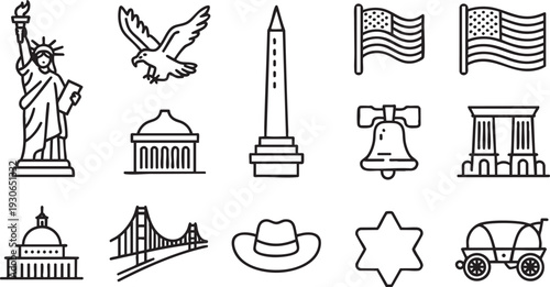 Collection of black silhouette icons representing various American and Canadian national symbols and landmarks on a white background.