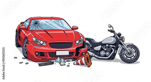 Damaged Red Car and Motorcycle Crash.