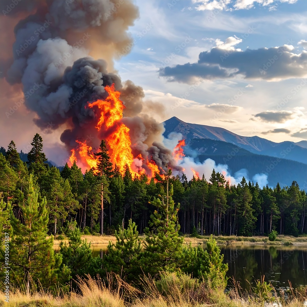 Fototapeta premium Wildfire Devastation - Flames Engulf Forest Landscape with Mountain Backdrop.