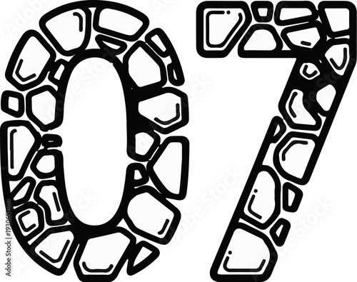 Numeric characters 0 and 7 rendered in a stone-like artistic style