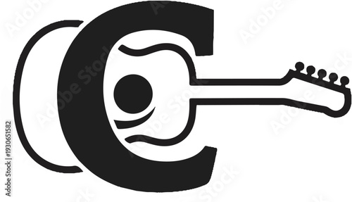 A stylized black guitar silhouette forms the shape of the letter C