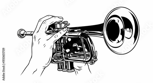 A close-up black and white illustration shows hands playing a brass instrument