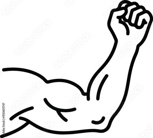A stylized black outline depicts a flexed human arm with a clenched fist raised