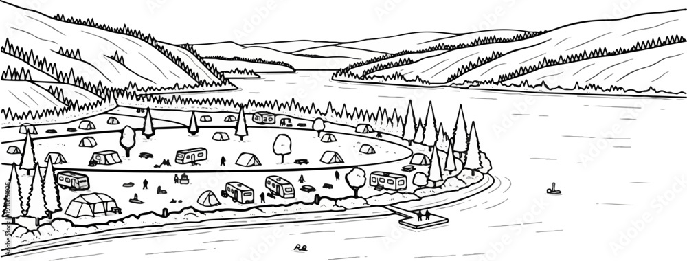 Fototapeta premium Lakeside campground scene with tents, RVs, trees, rolling hills, and calm water