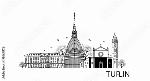 Line art cityscape featuring iconic buildings and falling leaves