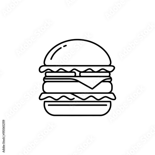 Minimalist Black and White Line Drawing of a Delicious Hamburger Sandwich