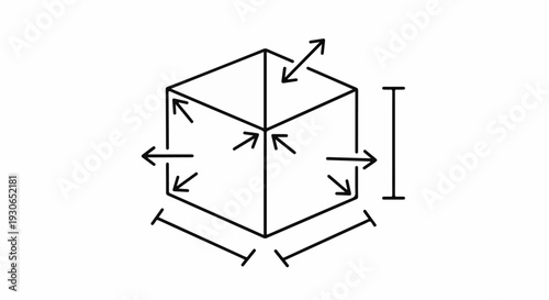 Line art isometric cube with directional arrows and dimension indicators