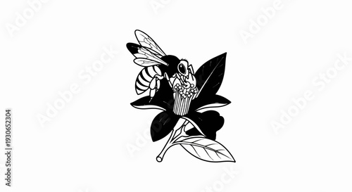 A black and white illustration of a bee collecting nectar from a dark flower