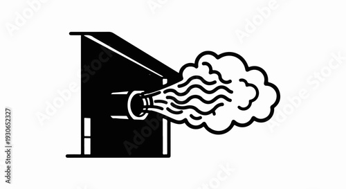 Black and white graphic of a nozzle emitting wavy steam or smoke