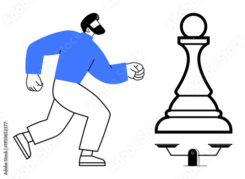 Business strategy, personal growth, problem-solving, decision-making, leadership, competition. A man approaches a large chess pawn. Business strategy and personal growth conceptual