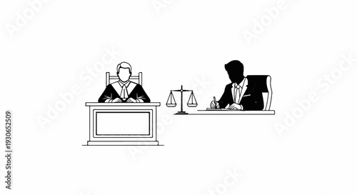 Courtroom scene with a robed judge at a bench and a person writing at a desk
