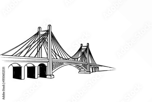 Hand-drawn sketch of a suspension bridge with archways below