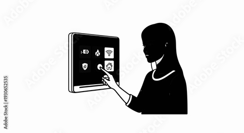 Silhouette of a person interacting with a smart home control panel featuring icons